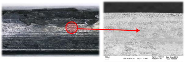 Attaque chimique d'un joint torique en service (cliché MEB)